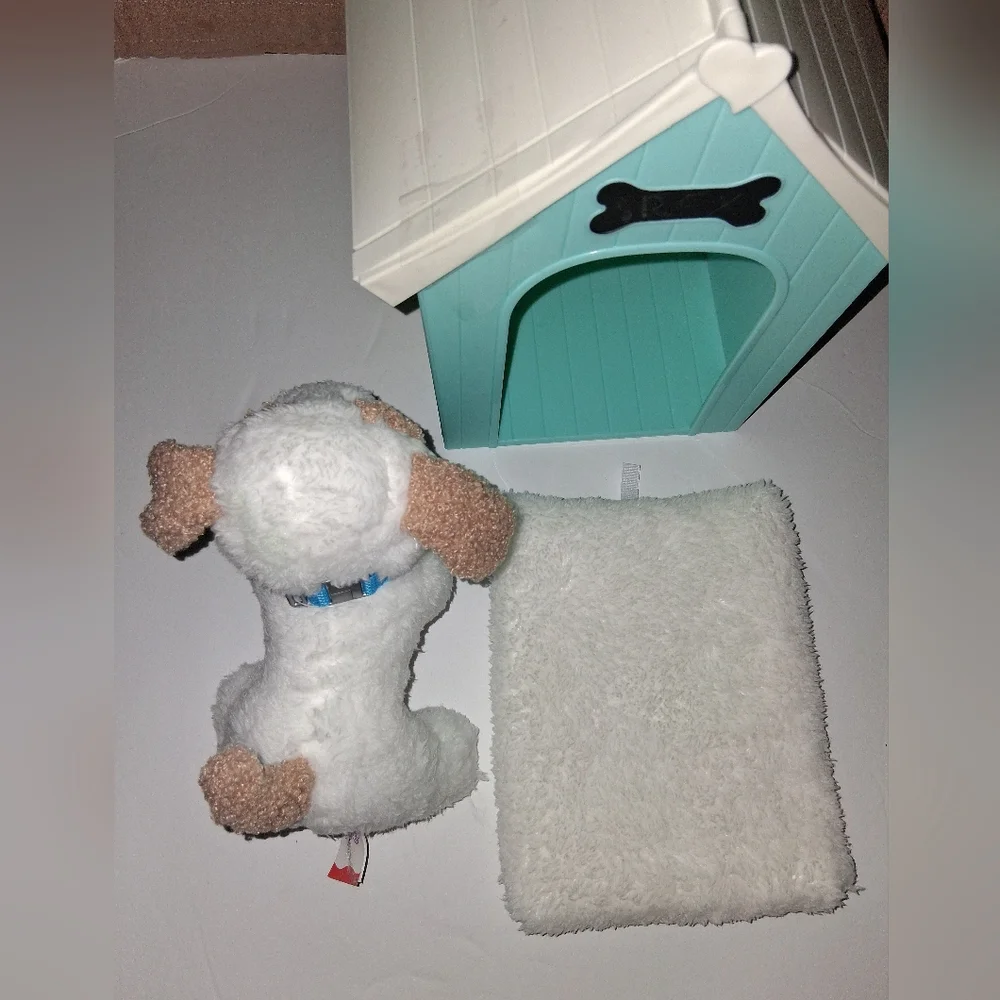 Our Generation Aqua and White Dog House Set with Plush Toy Pre-owned Good Condit